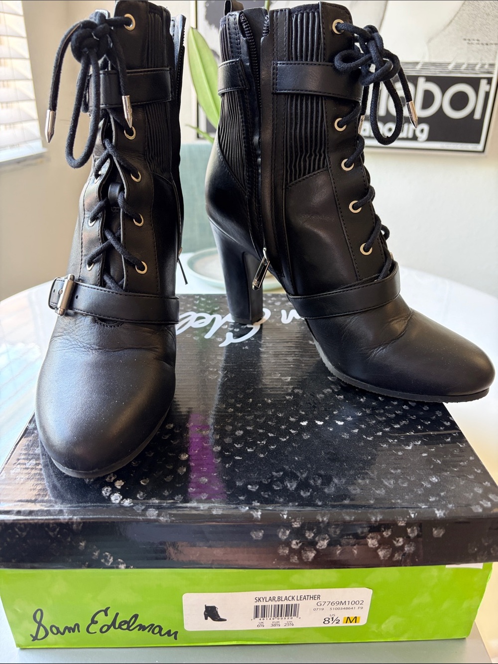 Sam Edelman Black Lace-Up Heeled Ankle Boots with Buckle